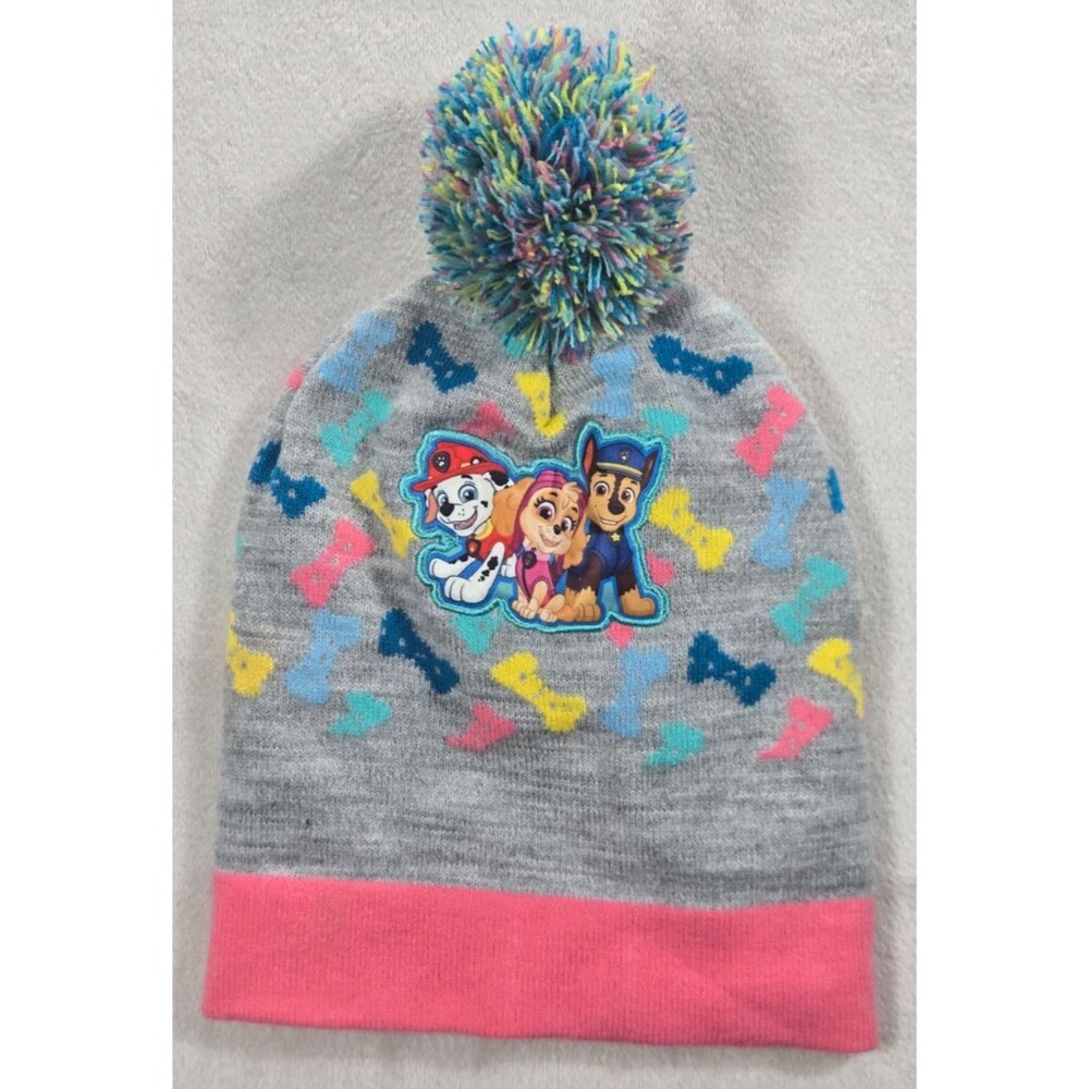 Paw Patrol Girls Winter Beanie Hat with Pom Pom - Nickelodeon - Pink/Gray